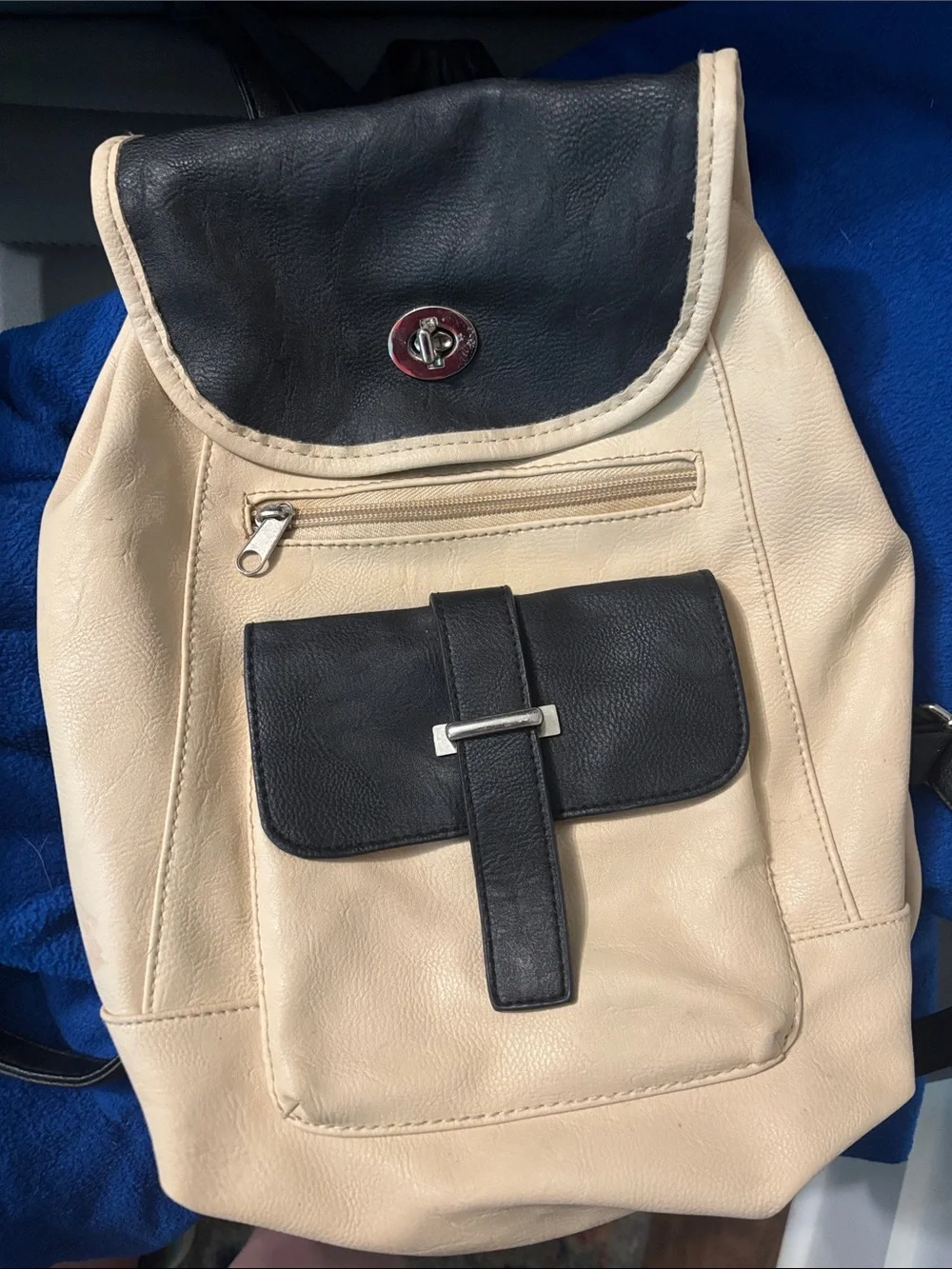 Cream and Black Leatherette Womens Backpack